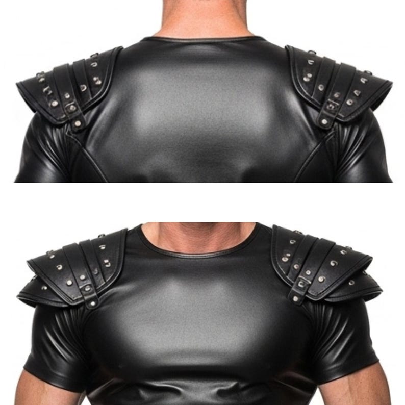 May include: Black faux leather top with attached shoulder armor. The shoulder armor is detailed with rows of silver-colored studs and decorative stitching. The top has short sleeves and a crew neck.