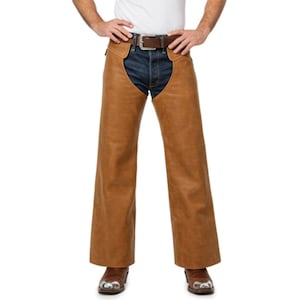 Mens Genuine Brown Leather Chaps – Handmade Cowboy Riding Gear – Western Style Motorcycle Chaps – Custom Fit Leather Pants Cover