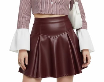 Falda de cuero de cintura alta para mujer, minifalda de cuero burdeos auténtico, falda corta de cuero acampanada, regalo personalizado para ella.