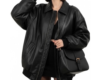 Oversized Sheep Skin Leather Jacket - Vintage 90s Bomber Jacket - Relaxed Fit Streetwear Coat