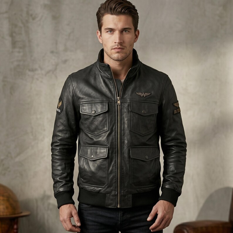 Mens Black Leather Bomber Jacket – Avirex Style Real Sheepskin Leather Flight Jacket for Men, Vintage American Biker Jacket, Lambskin Leather Coat