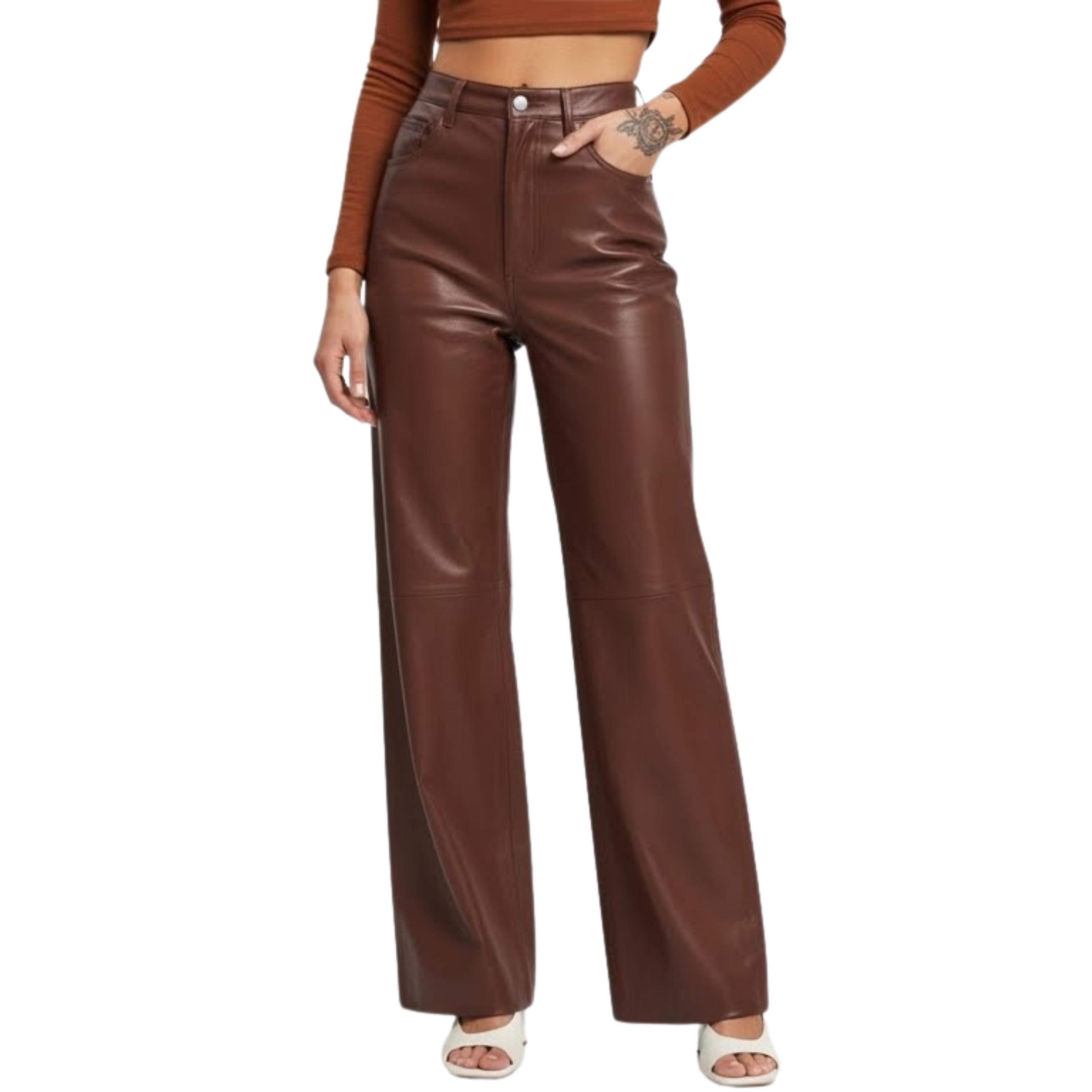 Handmade Brown Sheepskin Leather Pants - High Waist Straight Leg Trousers, Genuine Leather, Custom Fit Gift for Her