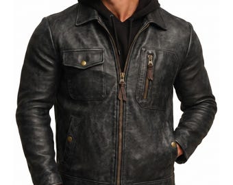Black Distressed Leather Jacket Men Vintage Trucker Biker Coat Sheep Leather Handmade Gift