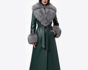 Luxury Green Leather Trench Coat with Fur Collar & Cuffs | Long Winter Overcoat Women | Customized Gift for Her