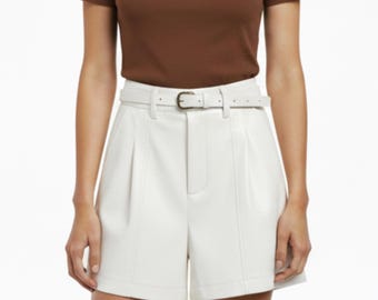 High Waisted Leather Shorts - Handmade Genuine Leather Apricot Casual Summer Outfit