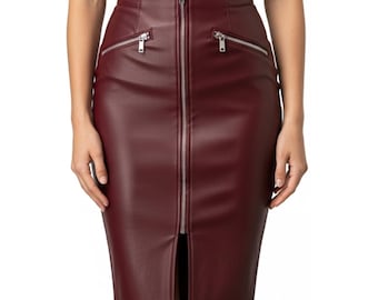 Falda lápiz de cuero burdeos para mujer, cintura alta, de cuero genuino, falda midi de cuero, estilo boho, regalo para ella y su esposa.