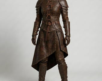 Women's Leather Warrior Costume | Medieval Viking Armor Dress with Pant | Handmade Fantasy Barbarian Larp Outfit