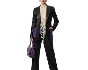 Conjunto de traje de cuero de lujo para mujer: blazer extragrande, pantalones de pierna ancha. Atuendo llamativo para el Mardi Gras. Conjuntos negros para festivales.