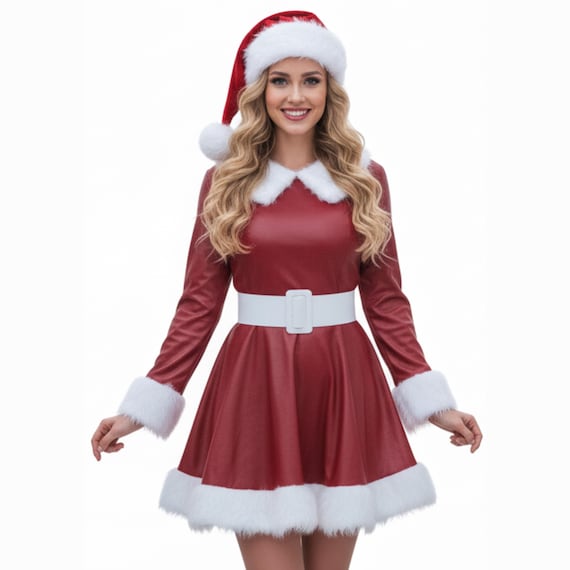 Handmade Lambskin Leather Red Christmas Outfit for Women with White Fur Trim & Belt | Mrs. Clause Dress | Gift for Her