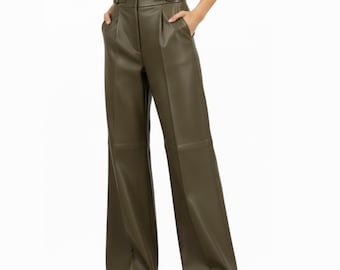 Women's Sheepskin Leather Pants | High Waist Wide Leg Green Trousers | Gift for Her