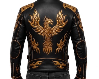 Black Gold Phoenix Leather Jacket, Tribal Flame Racing Biker Coat, Motorcycle Streetwear Gift Idea
