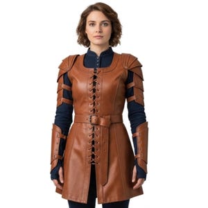 Women&#39;s Brown Leather Viking Costume | Handmade Leather Armor and Vest | Medieval Renaissance Warrior | LARP and Cosplay Reenactment Outfit