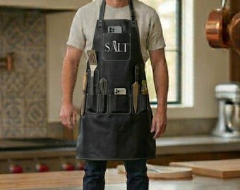Black Leather Apron Kitchen – Heavy Duty Cowhide for BBQ, Woodworking, Welding, Carpenter Personalized Gifts