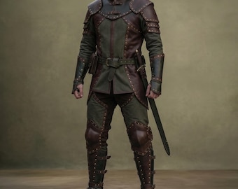 Medieval Leather Armor Suit – Fantasy LARP Warrior Costume, Cosplay Reenactment Handmade Cowhide Jacket Pant, Custom Made Tunic Bracers