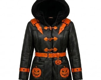 Women's Halloween Cosplay Costume Gothic Pumpkin Sheepskin Winter Leather Jacket Hooded Gift For Her