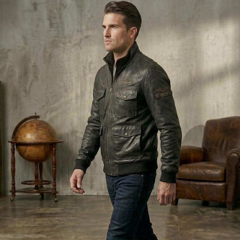 Mens Black Leather Bomber Jacket – Avirex Style Real Sheepskin Leather Flight Jacket for Men, Vintage American Biker Jacket, Lambskin Leather Coat