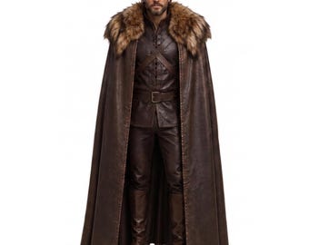 Men's Brown Leather Cape with Fur Collar, Medieval Northman Cosplay Costume Cloak, Renaissance Wear