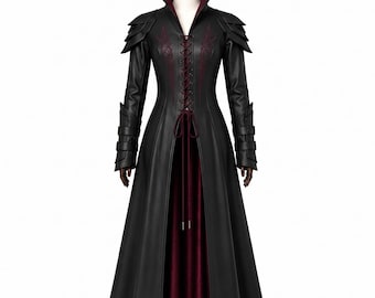 Womens Gothic Embroidered Leather Coat, Vampire Queen Victorian Costume, Halloween Cosplay Renaissance LARP Gift