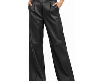 Black Leather Pant Womens - High Waisted Wide Leg Genuine Sheepskin Trouser - Customized Gift for Her