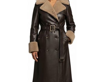 Gabardina de piel marrón para mujer - Cuello de piel de oveja, cinturón cruzado y bolsillos / Abrigo largo de piel para invierno / Regalo para ella