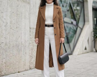 Women's Brown Wool Blend Long Trench Coat – Elegant Tailored Overcoat, Warm Outerwear - Custom Gift for Her