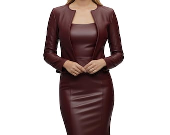Conjunto de vestido y chaqueta de piel de oveja hecho a mano / Traje corporativo para mujer / Atuendo de negocios moderno y elegante - Artículos personalizados como regalo para ella