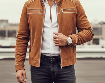 Genuine Sheepskin Leather Moto Jacket | Handmade Tan Suede Men's Racer Jacket | Slim Fit Custom Summer Jacket | Premium Gift for Him