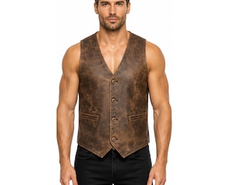 Mens Leather Vest Vintage Distressed Brown Waistcoat - Slim Fit Smart Casual Biker Vest - Classic Genuine Leather Western Gift for Him
