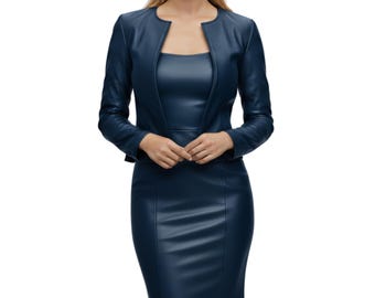 Conjunto de chaqueta y vestido de piel de oveja para mujer, hecho a mano, para oficina/elegante atuendo de trabajo corporativo azul - Artículos personalizados, regalo para ella
