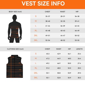 May include: A vest size info chart with body and clothing measurements in inches. The chart includes chest, waist, hip, and length measurements for sizes S to 3XL. A silhouette shows where to measure the body.