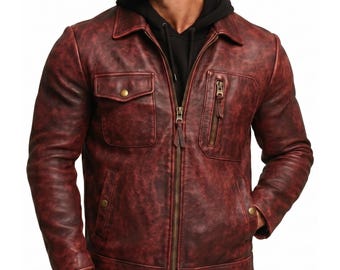 Handmade Men's Distressed Red Leather Jacket, Vintage Biker Coat, Gift for Him