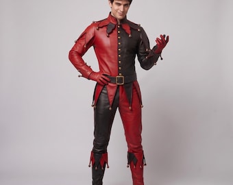 Men's Leather Jester Costume Harlequin Pierrot Gothic Medieval Carnival Halloween Renaissance LARP Cosplay Outfit