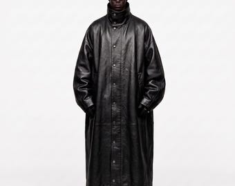 Mens Black Sheep Leather Designer Coat, Oversized Longline Overcoat, Avant Garde Luxury Winter Outerwear