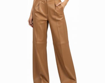 Women's Genuine Sheepskin Leather Pants | High Waist Wide Leg Trousers | Camel Brown Luxury Gift for Her