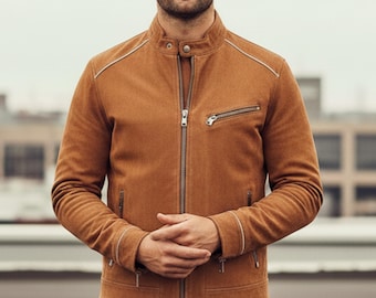 Mens Brown Leather Jacket | Handmade Tan Suede Cafe Racer Biker Jacket | Slim-Fit Moto Style Outerwear