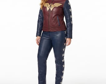 Wonder Woman 1984 Handmade Leather Jacket and Pants Women Halloween Cosplay Costume Plus Size Gift for Her