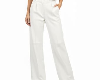 Womens Genuine Sheepskin Leather Pants | High Waist Wide Leg White Trousers | Luxury Gift Her