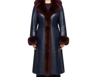 Gabardina de cuero azul para mujer con pelo marrón – Abrigo largo con cuello de piel – Abrigo cálido y llamativo – Regalo para tu esposa o novia