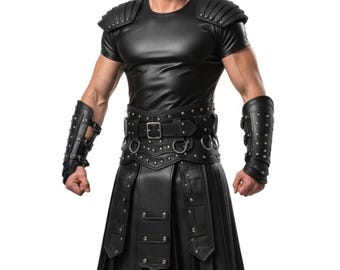 Handmade Black Leather Gladiator Kilt Outfit: LARP Cosplay Armor
