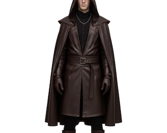 Conjunto de capa y guerrero de cuero con capucha para hombre: disfraz medieval, renacentista, cosplay de fantasía, rol en vivo y Halloween. El mejor regalo.