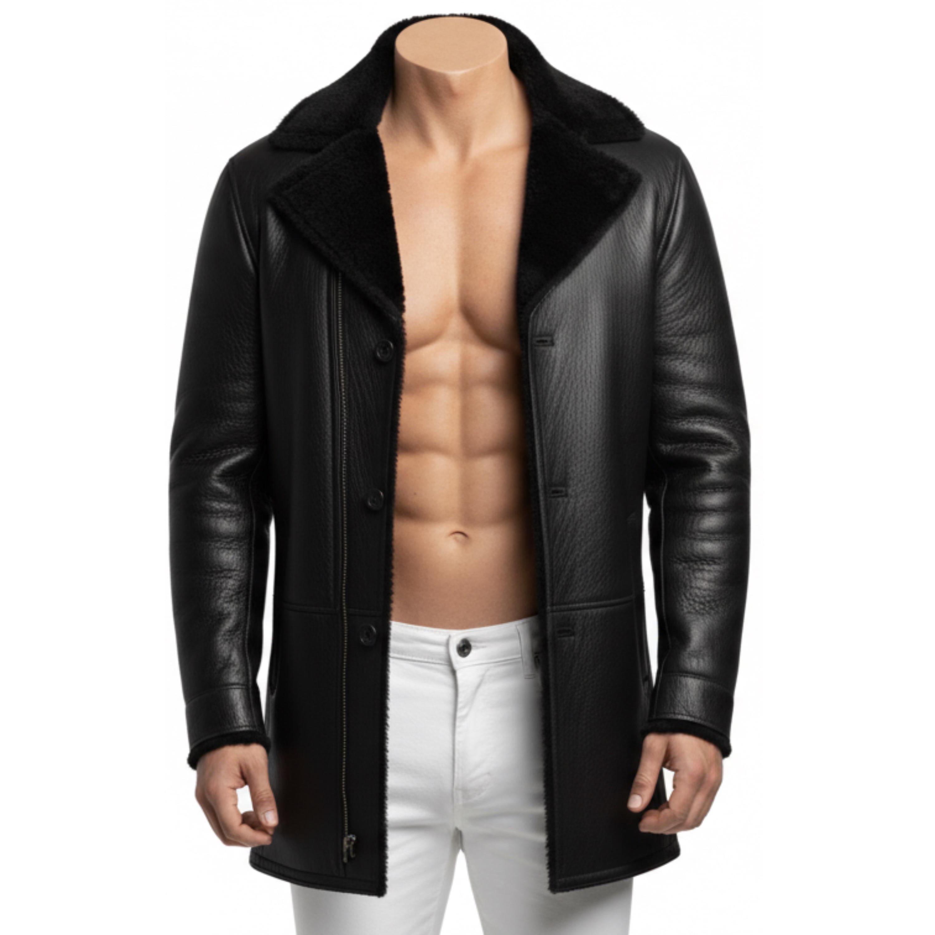 Handmade Black Shearling Sheep Leather Coat – Premium Leather