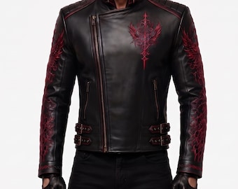 Mens Black Red Leather Jacket Phoenix Embroidered Gothic Biker Asymmetric Zip Fantasy Costume Gift