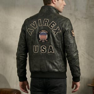 Mens Black Leather Bomber Jacket – Avirex Style Real Sheepskin Leather Flight Jacket for Men, Vintage American Biker Jacket, Lambskin Leather Coat