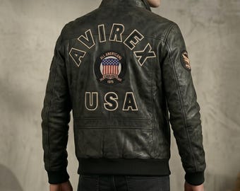Mens Avirex Black Bomber Leather Jacket - Vintage American Moto Biker Jacket - Customized Gifts