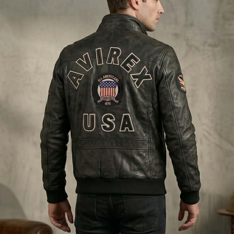 Mens Black Leather Bomber Jacket – Avirex Style Real Sheepskin Leather Flight Jacket for Men, Vintage American Biker Jacket, Lambskin Leather Coat