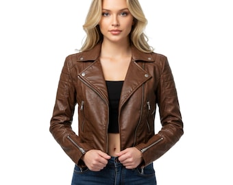 Handmade Brown Leather Biker Jacket | Moto Style Biker Jacket for Women | Motorcycle Fashion Outfit | Personalized Gift for Her