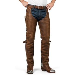 Men&#39;s Genuine Brown Leather Biker Chaps – Real Leather, Custom Fit, Stylish & Durable – Ideal for Motorcycle Riding or Fashion Wear