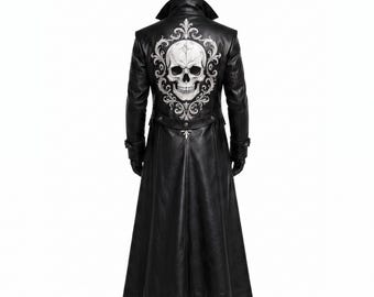 Mens Gothic Leather Coat Skull Embroidered Long Trench Duster Steampunk Victorian Halloween Costume Cosplay