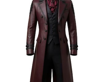 Handgemaakte gotische unisex victoriaanse steampunk rok en vest kastanjebruine en zwarte lange leren jas vintage cosplay vampierjas voor mannen vrouwen