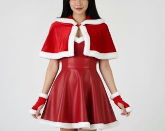 Vestido navideño de cuero rojo / Disfraz de Papá Noel para mujer - Cinturón y gorro de cuero rojo premium